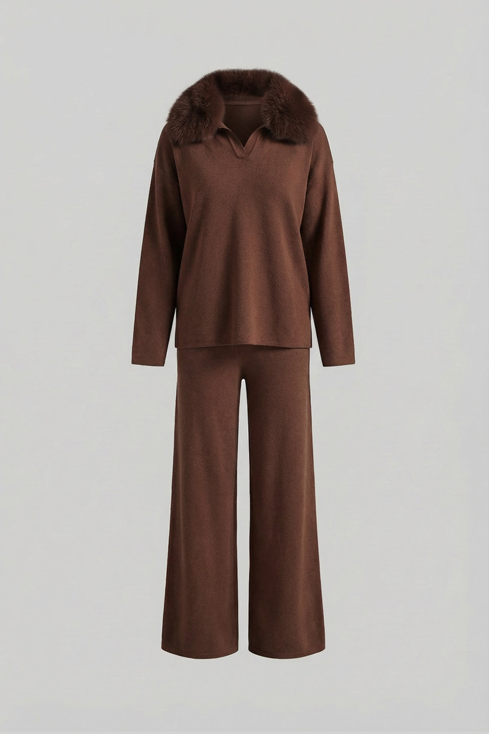Knit Lounge Top and Straight Leg Trousers Set – Brown – view 2