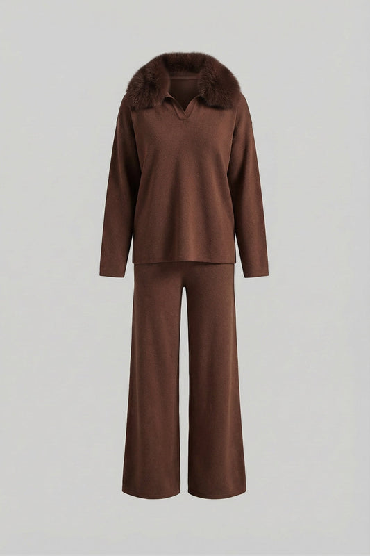 Knit Lounge Top and Straight Leg Trousers Set – Brown – view 2