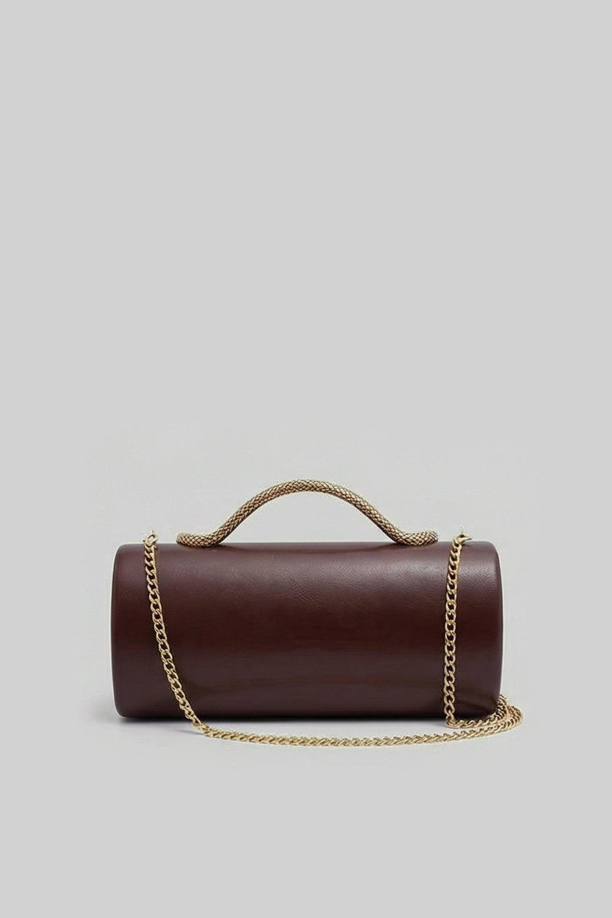 Structured Faux Leather Clutch with Snake Handle and Gold Chain – Brown – view 3