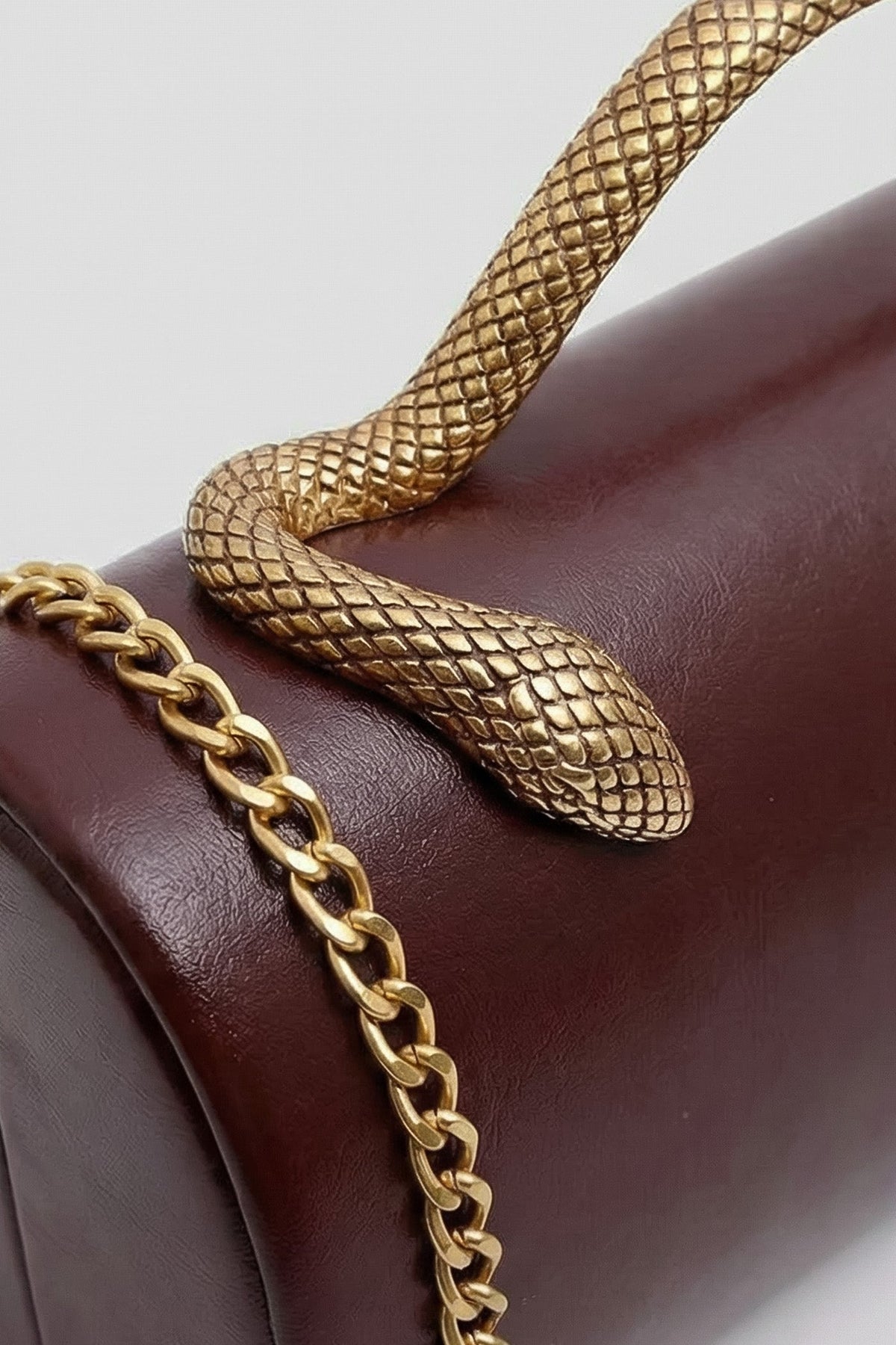Structured Faux Leather Clutch with Snake Handle and Gold Chain – Brown – view 4