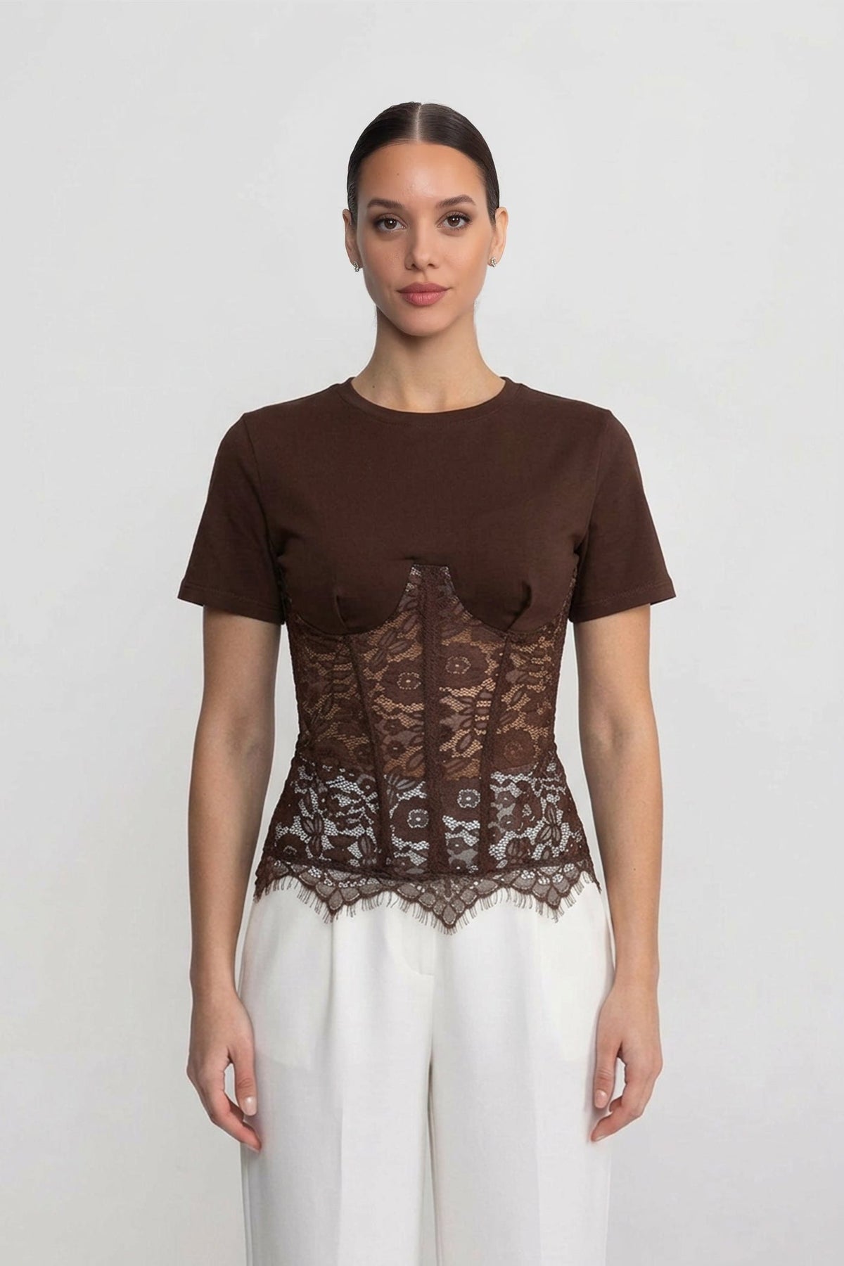 Lace Corset Overlay Round Neck Short Sleeve Top – Brown