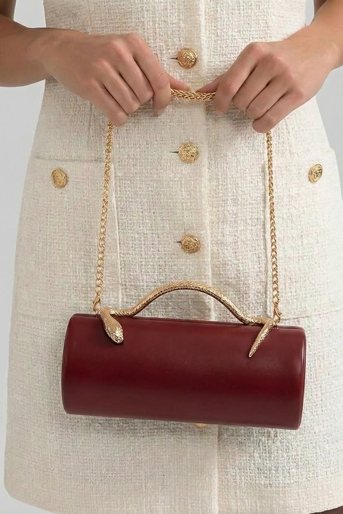 Structured Faux Leather Clutch with Snake Handle and Gold Chain – Burgundy