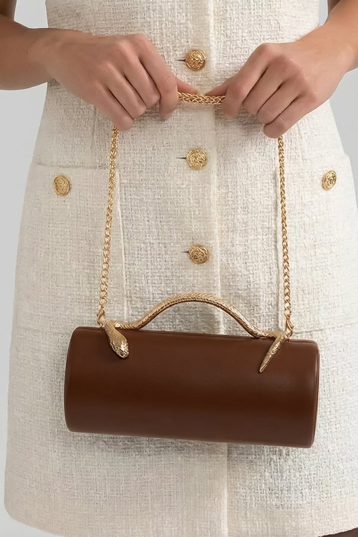 Structured Faux Leather Clutch with Snake Handle and Gold Chain – Brown – view 2