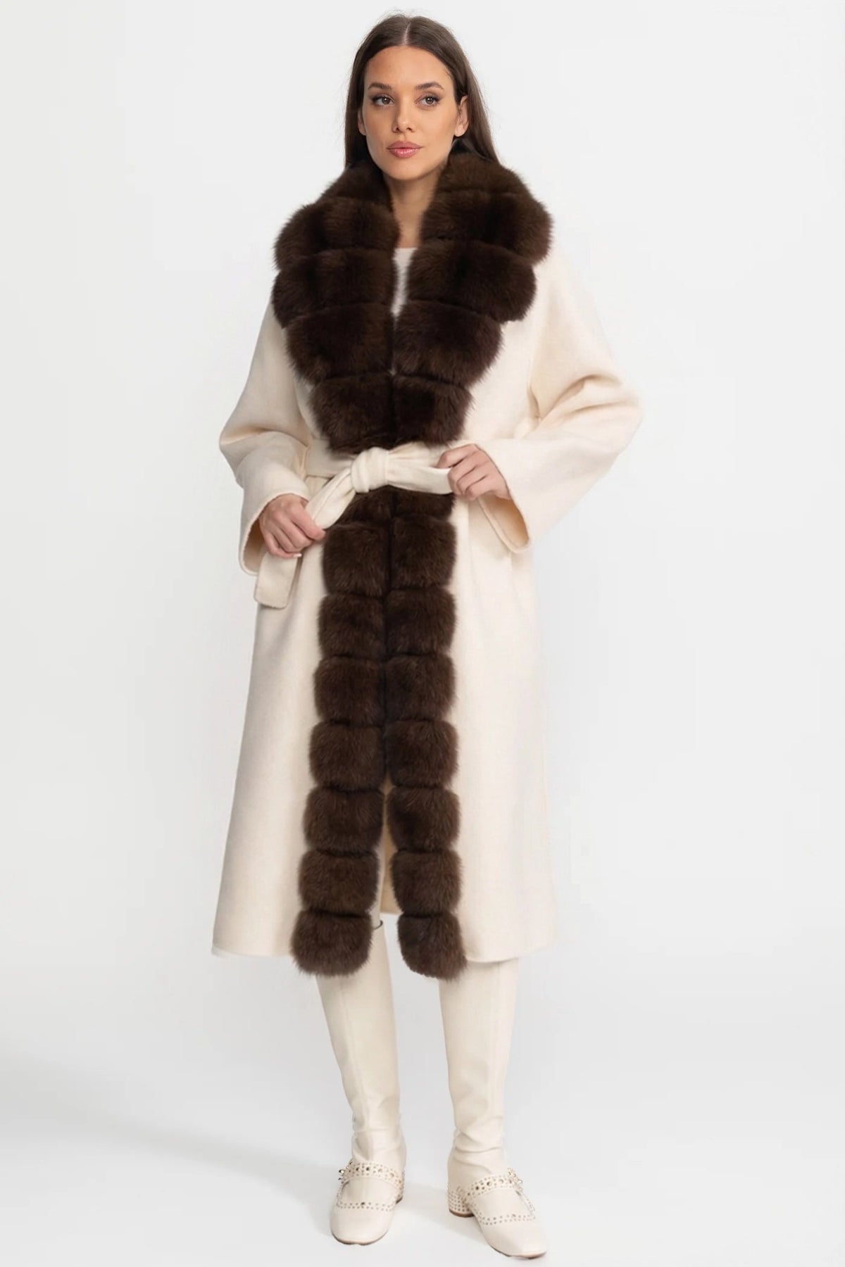 Longline Wool Wrap Coat with Full-Length Front Panel – Ivoire/Brown