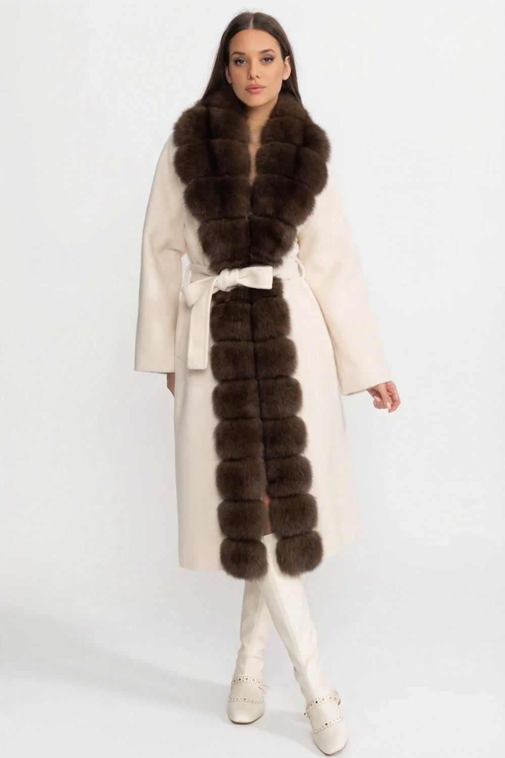 Longline Wool Wrap Coat with Full-Length Front Panel – Ivoire/Brown – view 2