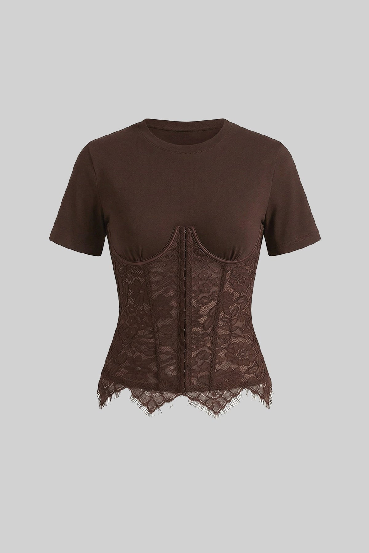 Lace Corset Overlay Round Neck Short Sleeve Top – Brown – view 2