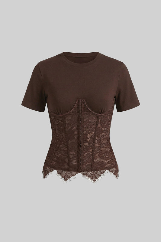 Lace Corset Overlay Round Neck Short Sleeve Top – Brown – view 2