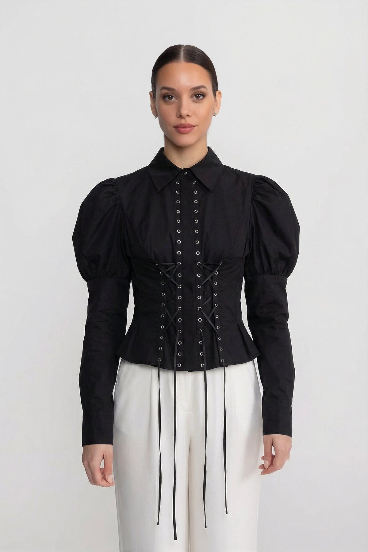 Puff Shoulder Corset Lace-Up Shirt with Peplum Hem – Black – view 1