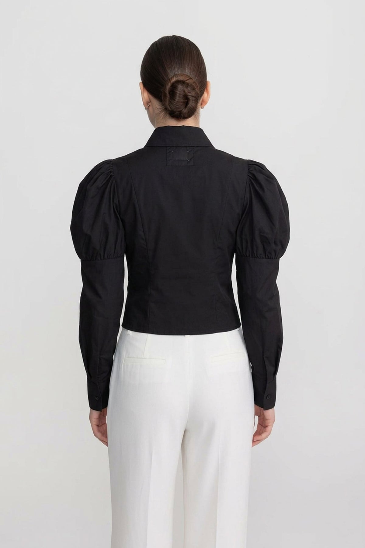 Puff Shoulder Corset Lace-Up Shirt with Peplum Hem – Black – view 4