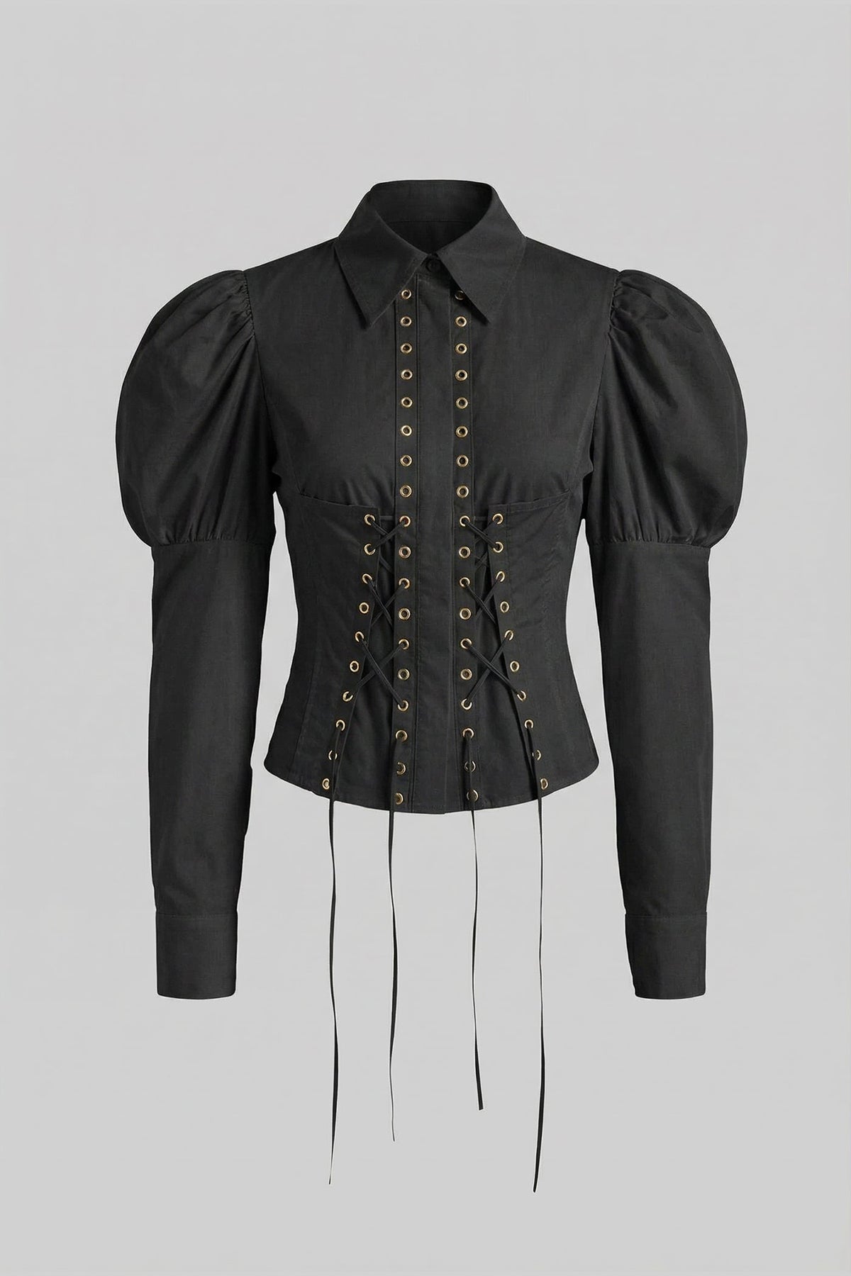 Puff Shoulder Corset Lace-Up Shirt with Peplum Hem – Black