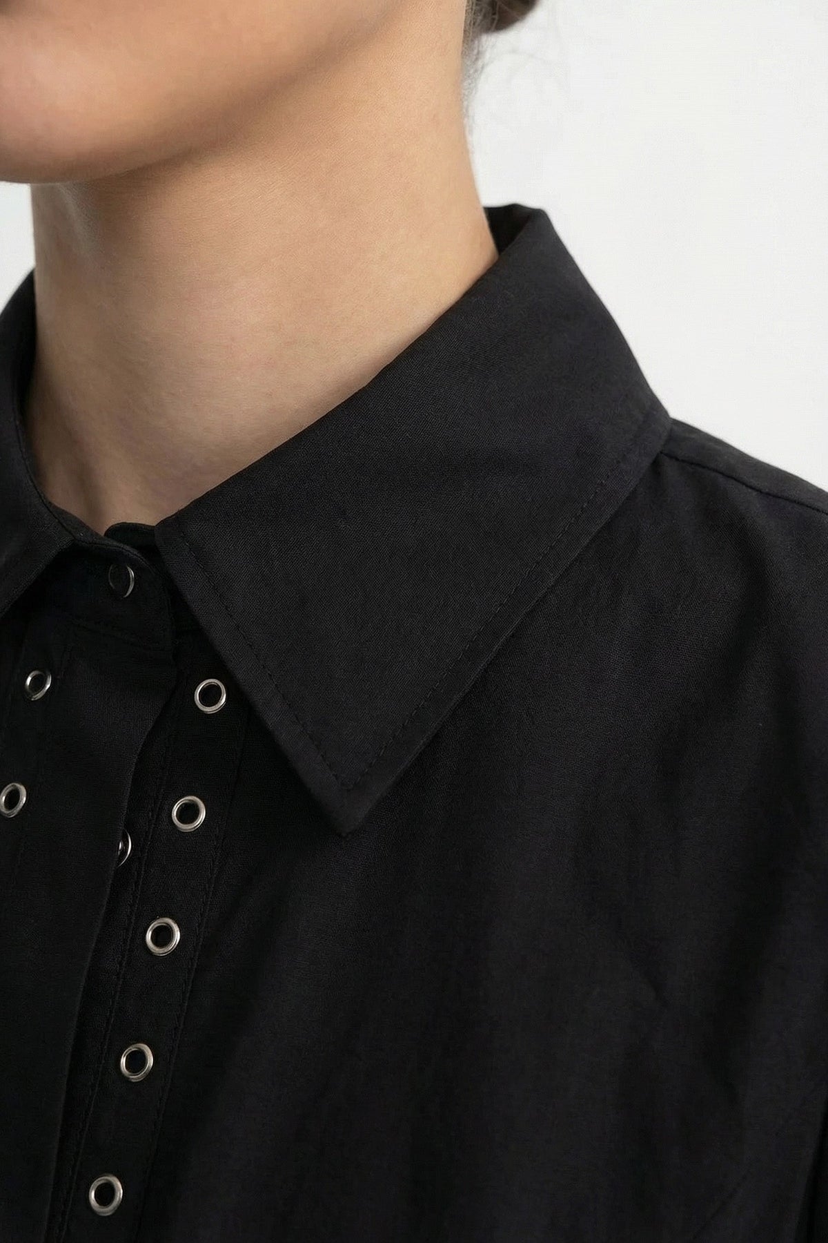 Puff Shoulder Corset Lace-Up Shirt with Peplum Hem – Black