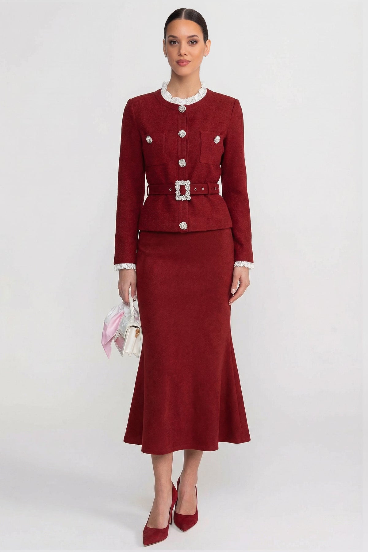 Lace Trim Knit Cardigan and Midi Skirt Co-ord with Crystal Buttons – Burgundy – view 1