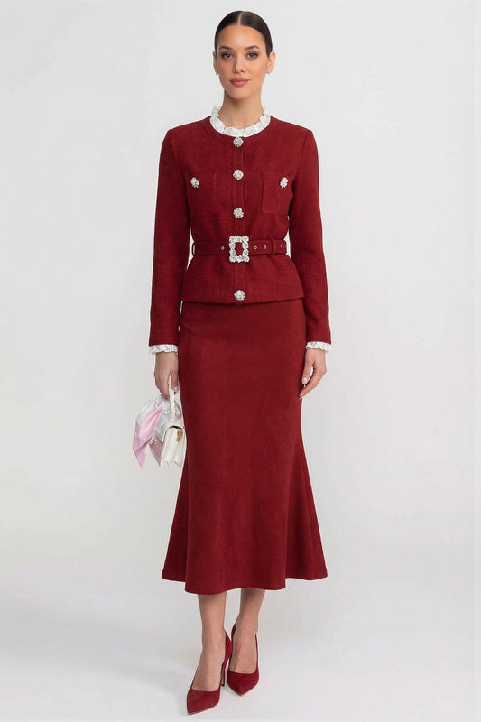 Lace Trim Knit Cardigan and Midi Skirt Co-ord with Crystal Buttons – Burgundy