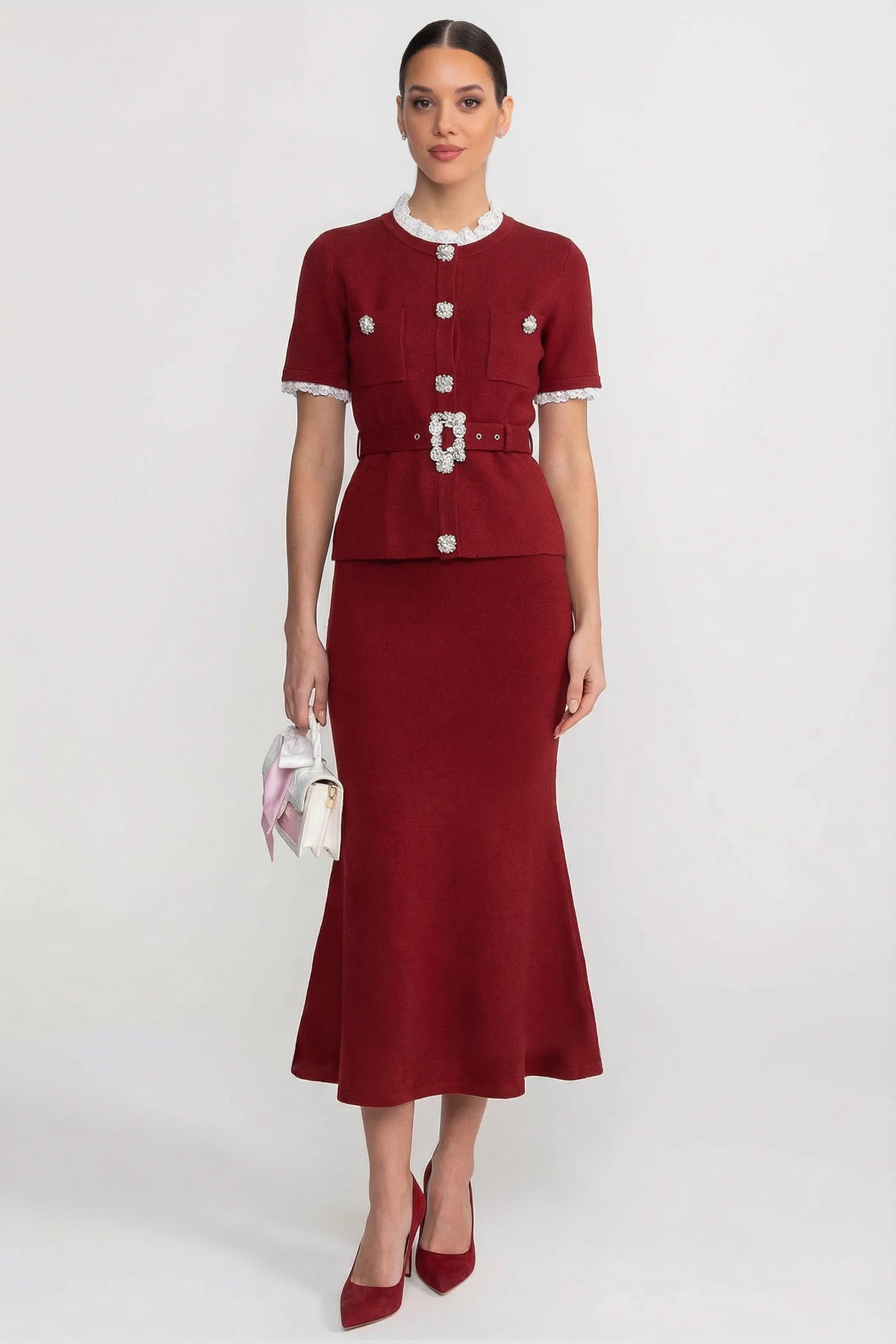 Peplum Knit Top and Fluted Midi Skirt Set with Crystal Belt – Burgundy