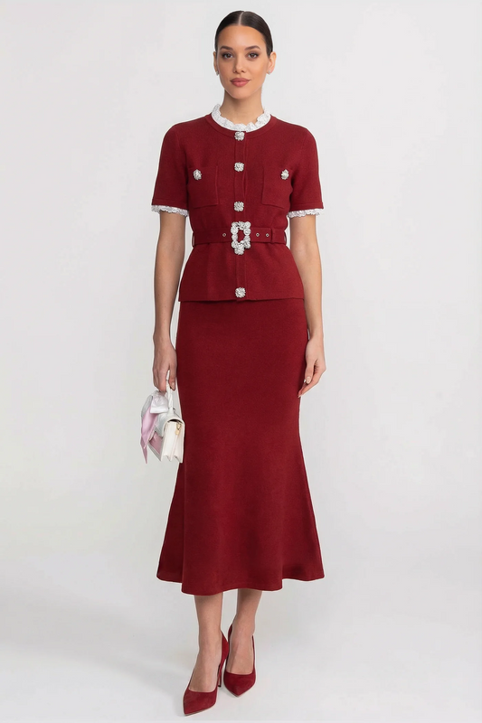 Peplum Knit Top and Fluted Midi Skirt Set with Crystal Belt – Burgundy