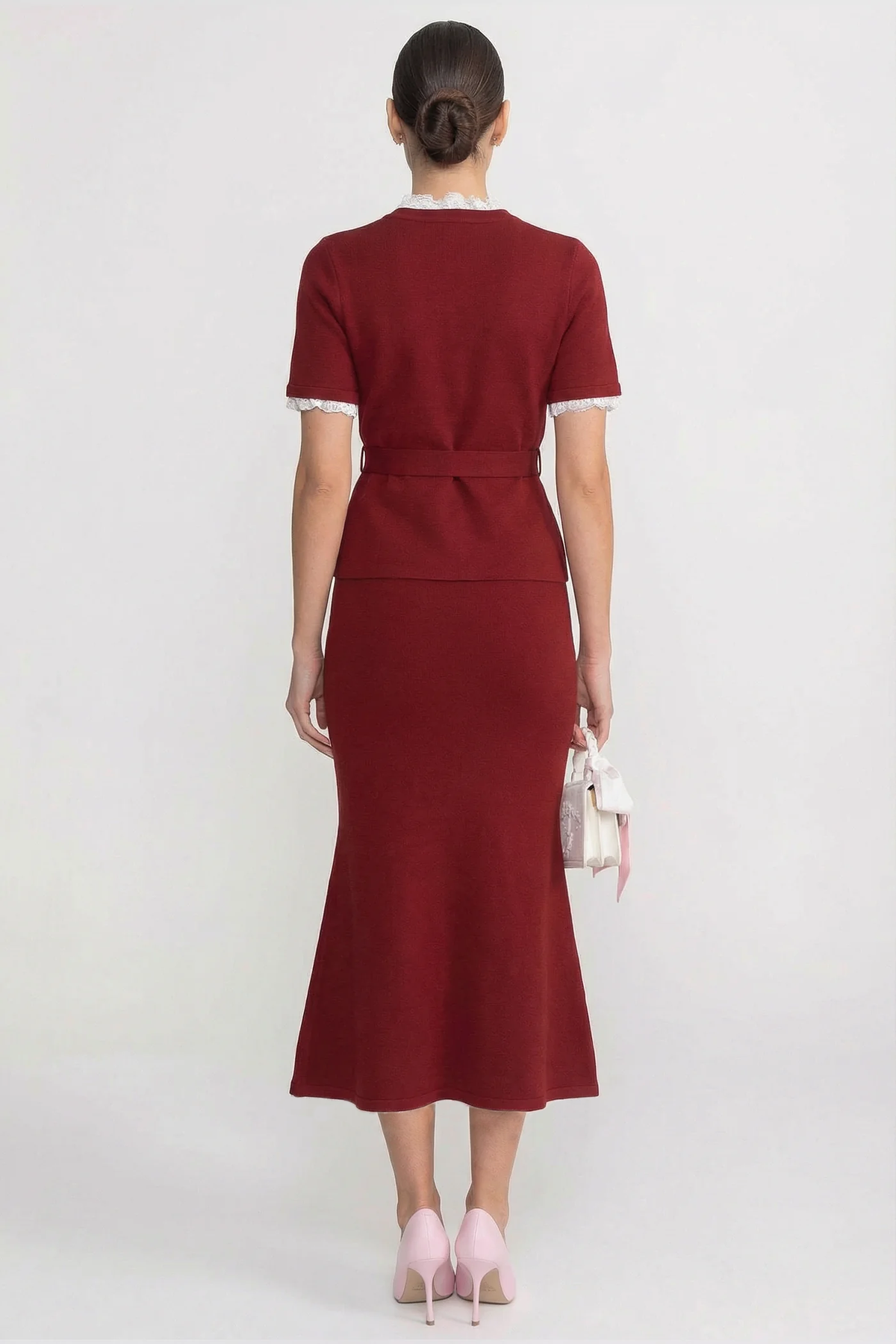 Peplum Knit Top and Fluted Midi Skirt Set with Crystal Belt – Burgundy – view 3