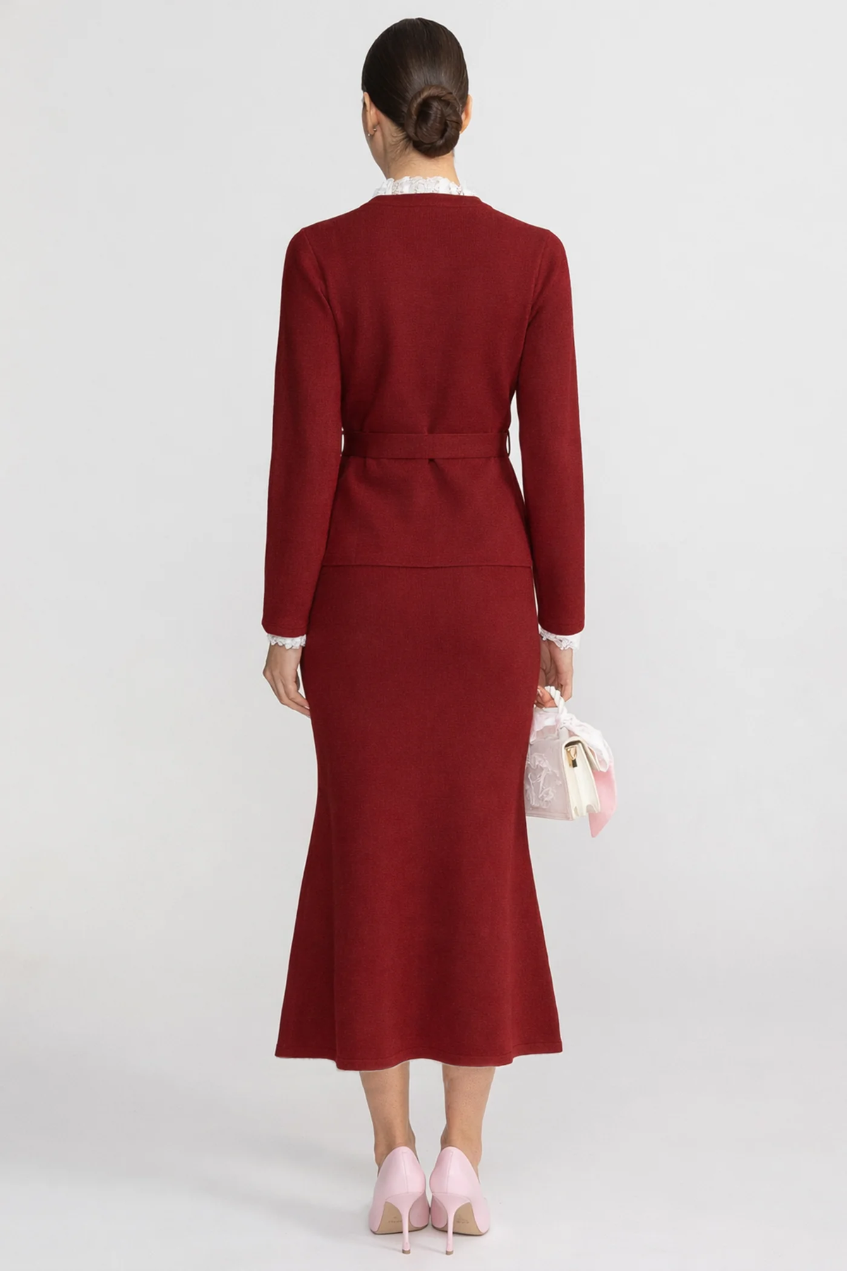 Lace Trim Knit Cardigan and Midi Skirt Co-ord with Crystal Buttons – Burgundy