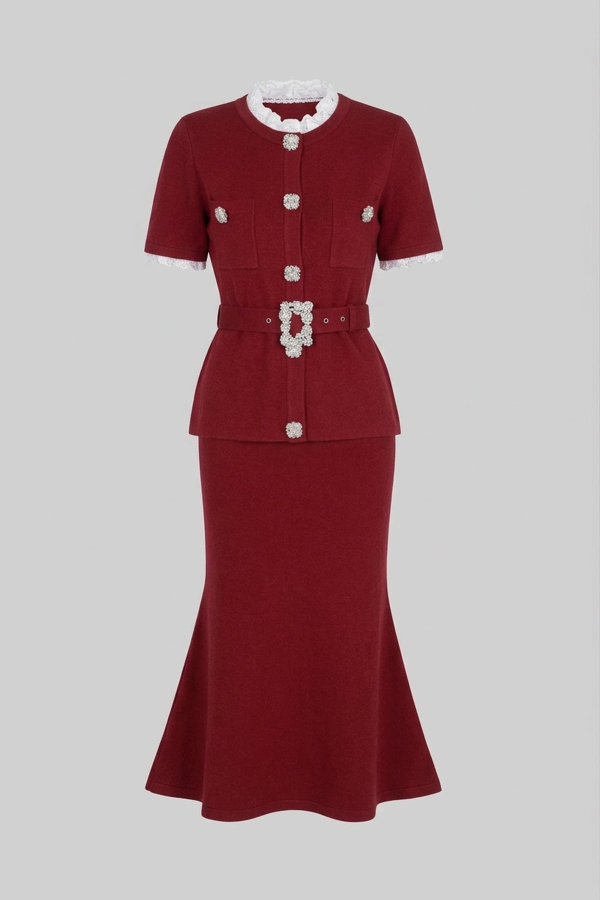 Peplum Knit Top and Fluted Midi Skirt Set with Crystal Belt – Burgundy – view 2