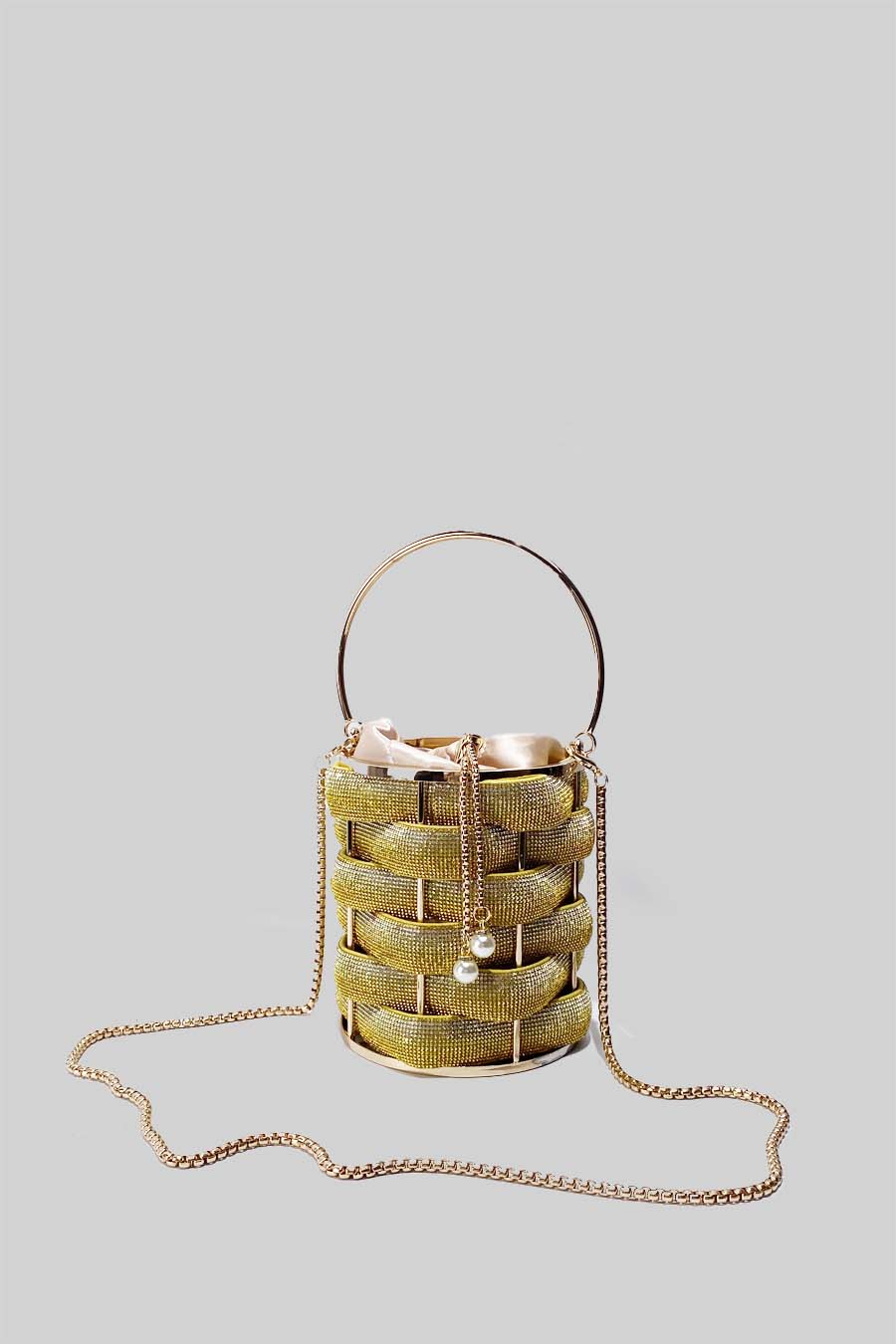 Beaded Mini Bucket Bag with Satin Drawstring Closure – Gold – view 6