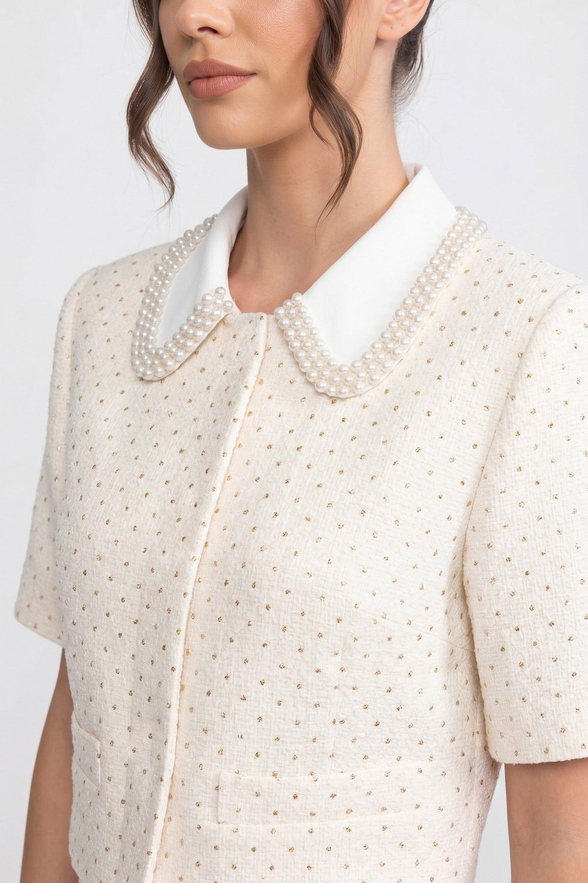Short Sleeve Embellished Tweed Cropped Jacket with Crystal Collar – Ivoire – view 3