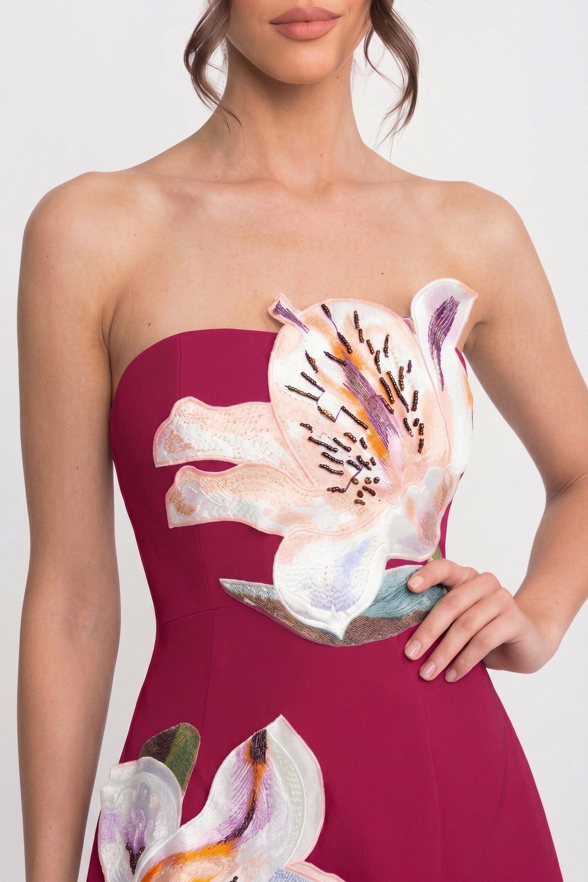 Strapless Botanical Print A-Line Mini Dress with Structured Bodice – Red – view 5