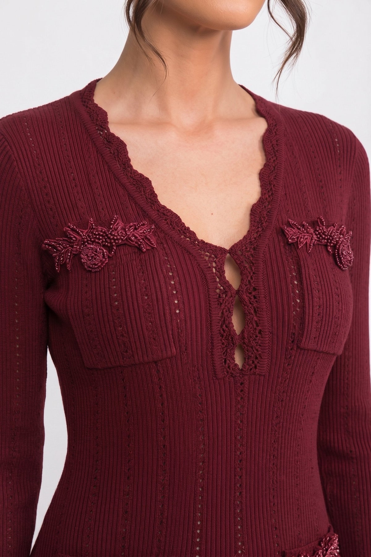 V-Neck Ribbed Knit Mini Dress with Ruffle Hem and Bow Cuffs – Burgundy – view 4