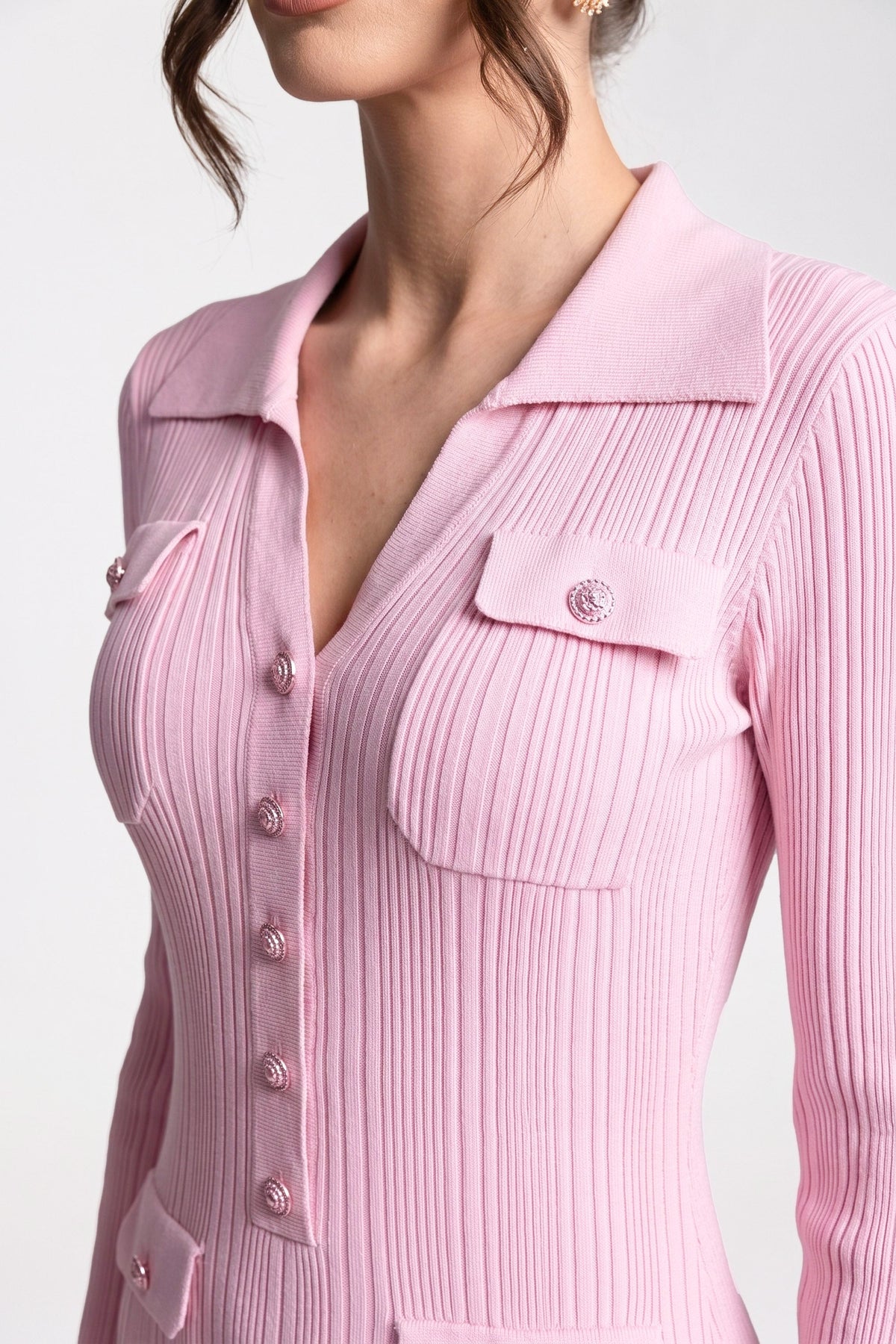 Long Sleeve Button-Front Knit Maxi Dress with Patch Pockets – Pink