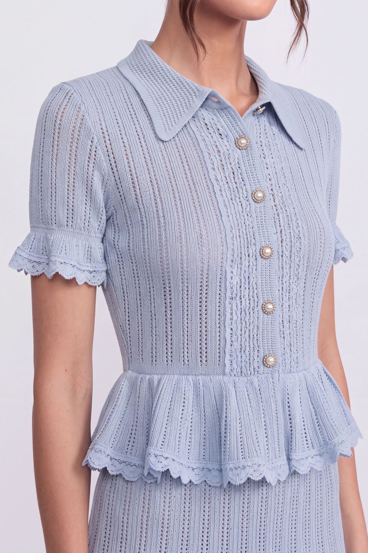 Polo Collar Ribbed Knit Peplum Top and Mini Skirt Set – Blue – view 5