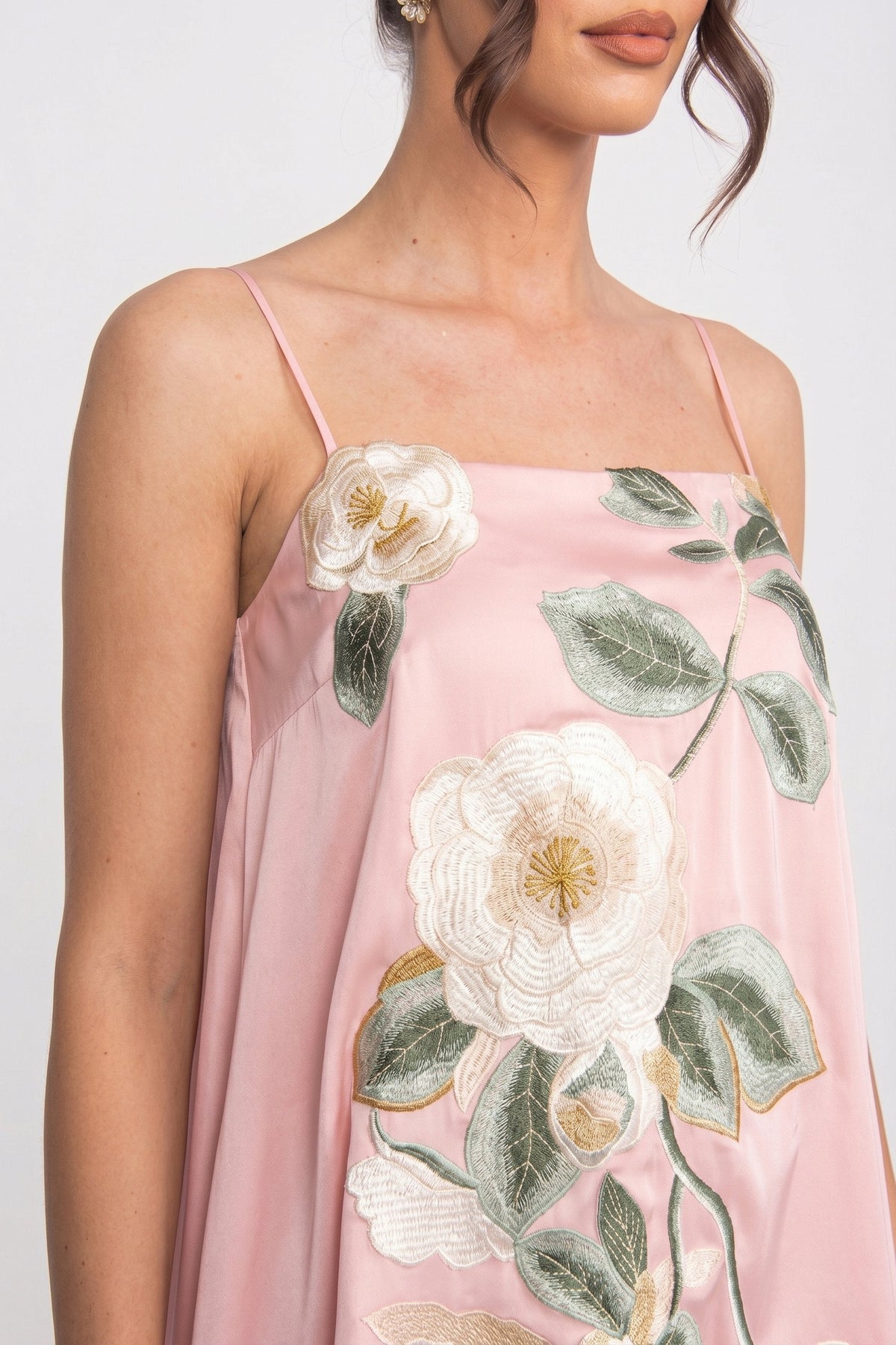 A-Line Mini Dress with Spaghetti Straps and 3D Camellia – Pink