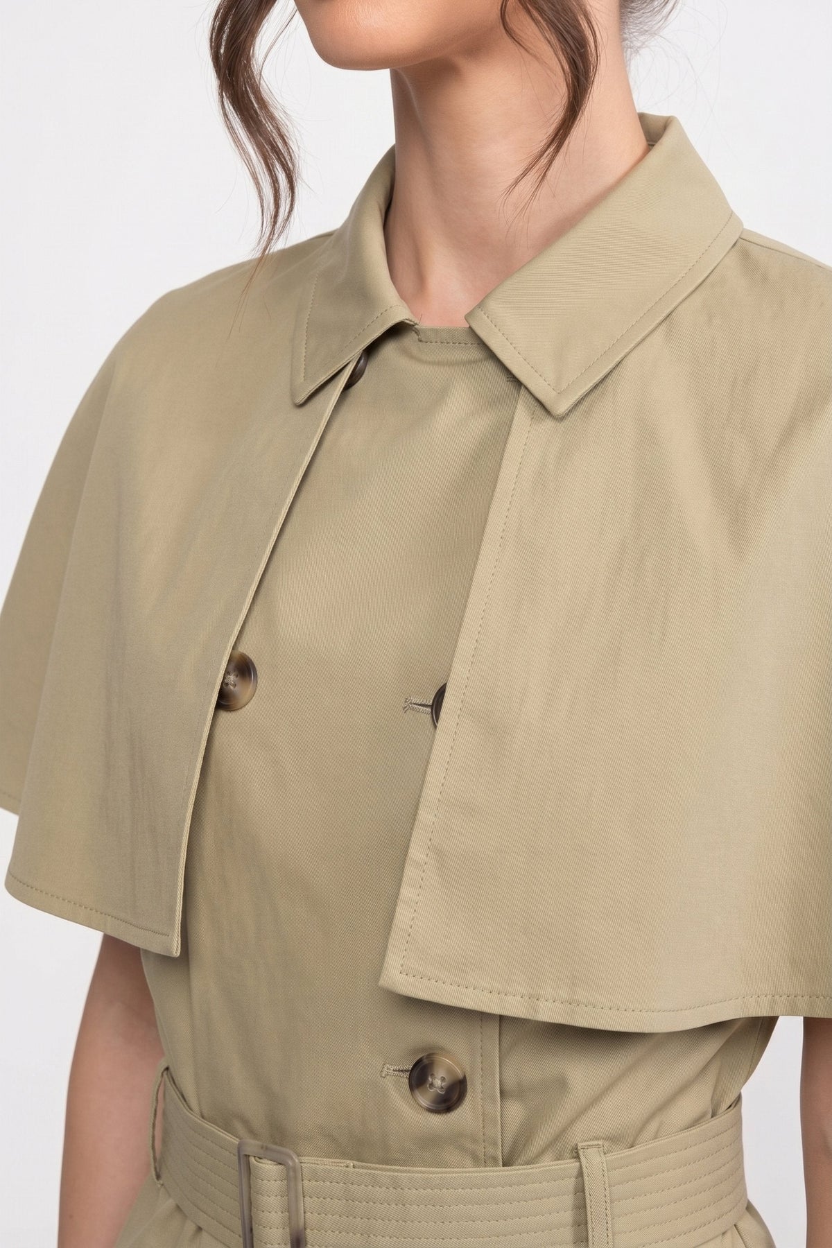 Double-Breasted Cropped Top with Spread Collar and Cape – Khaki – view 4