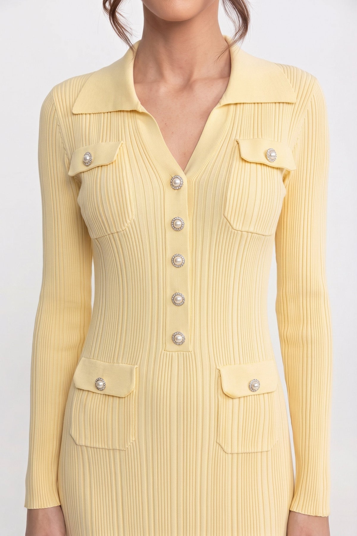 Long Sleeve Button-Front Knit Maxi Dress with Patch Pockets – Yellow