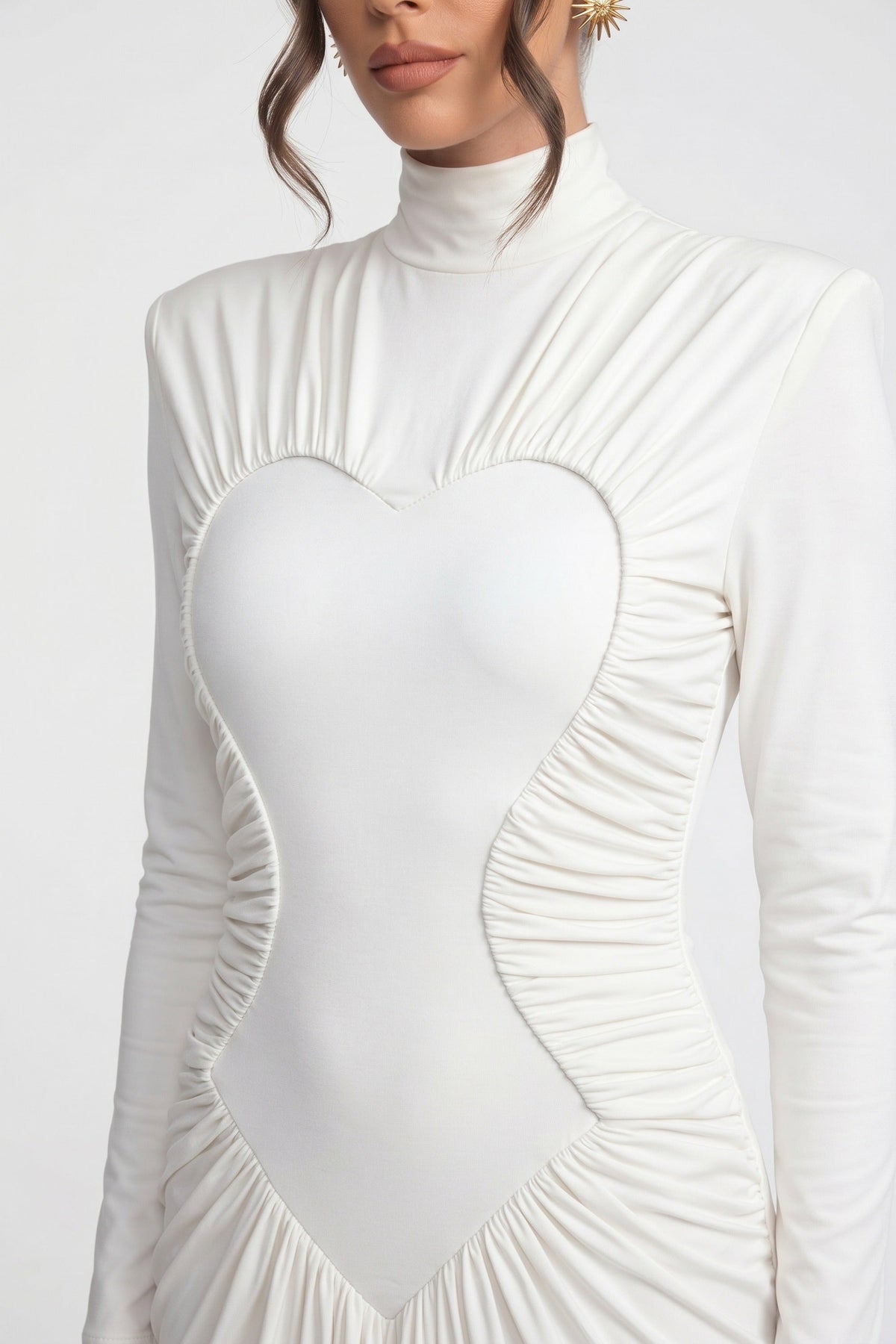 Mock Neck Long Sleeve Ruched Mermaid Gown with Train – White – view 4