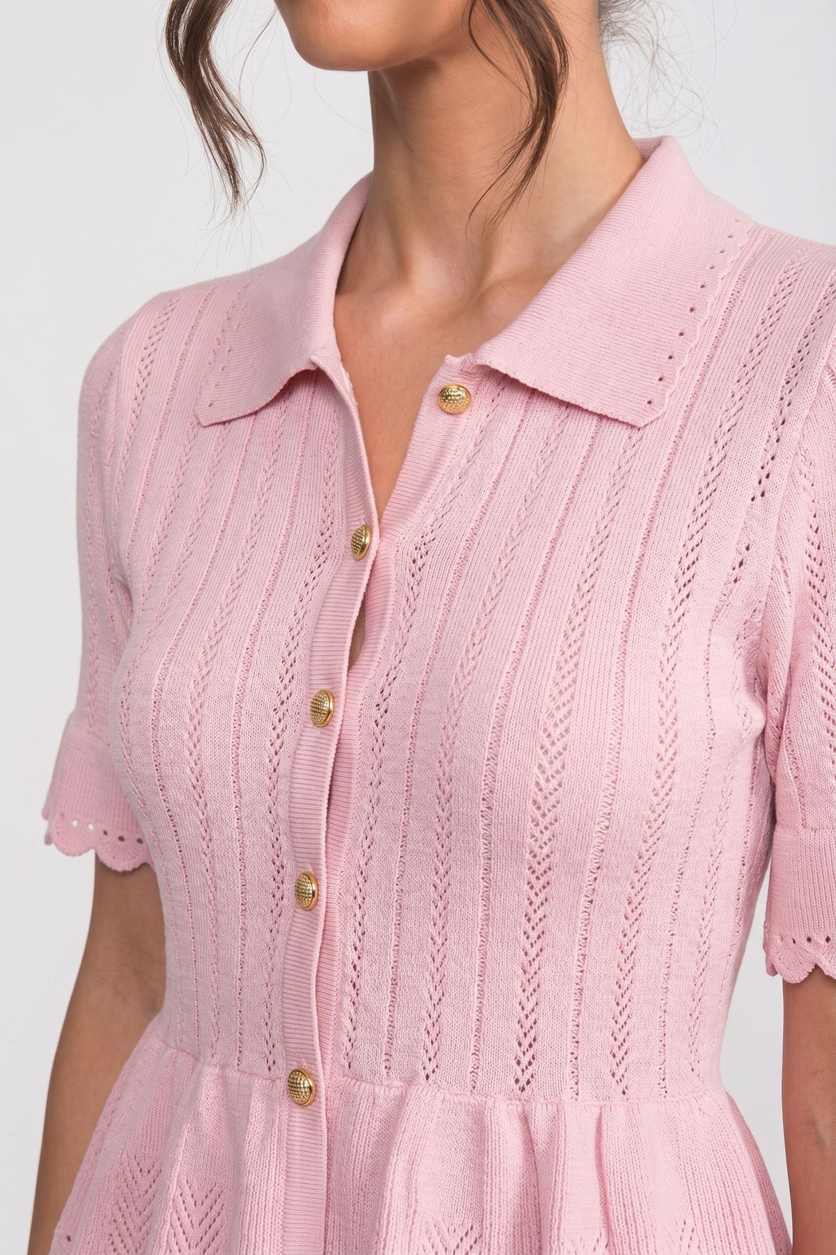Polo Collar Ribbed Knit Peplum Top and Mini Skirt Set – Pink – view 5