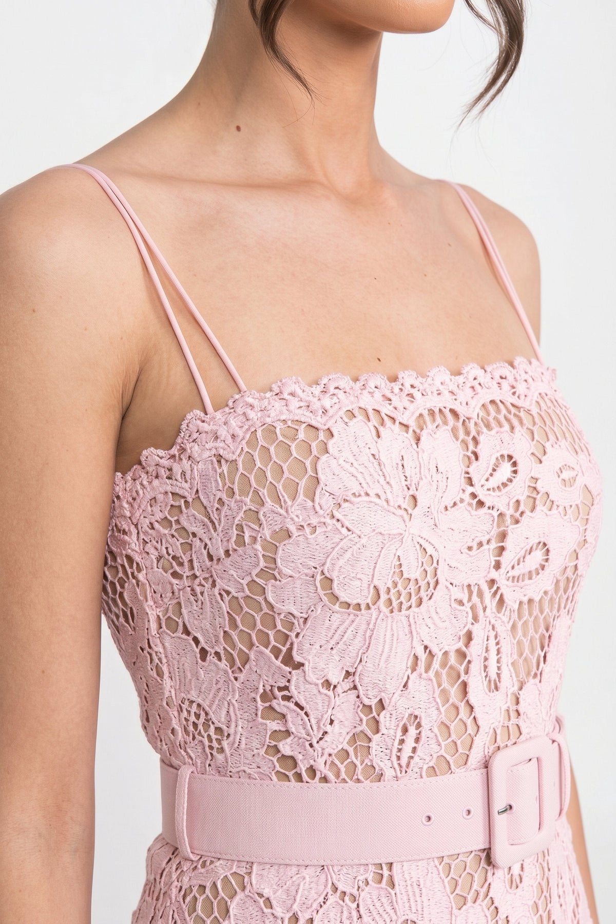 Lace Square Neck Midi Dress with Belted Waist and Flounce Hem – Pink – view 6