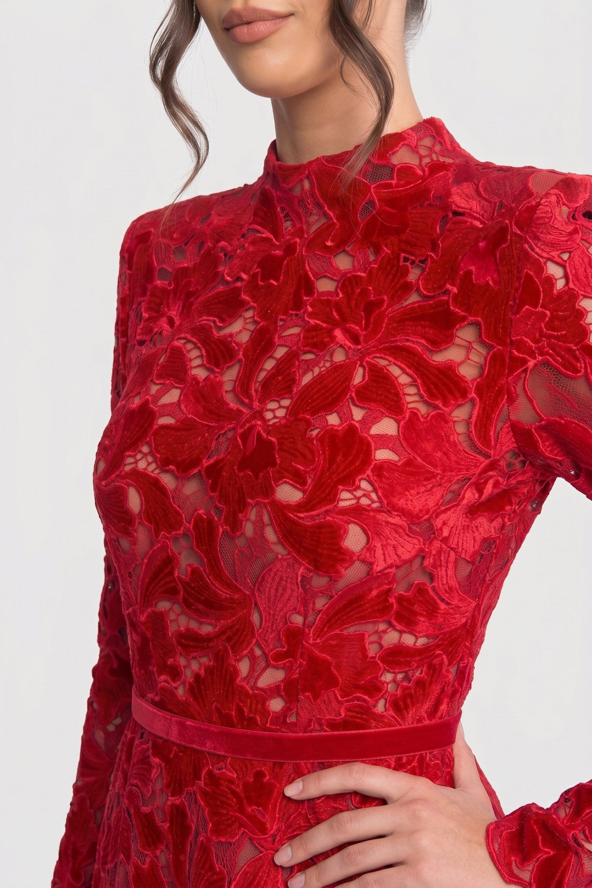 Long Sleeve Floral Lace Mini Dress with High Neck and Scalloped Hem – Red – view 5