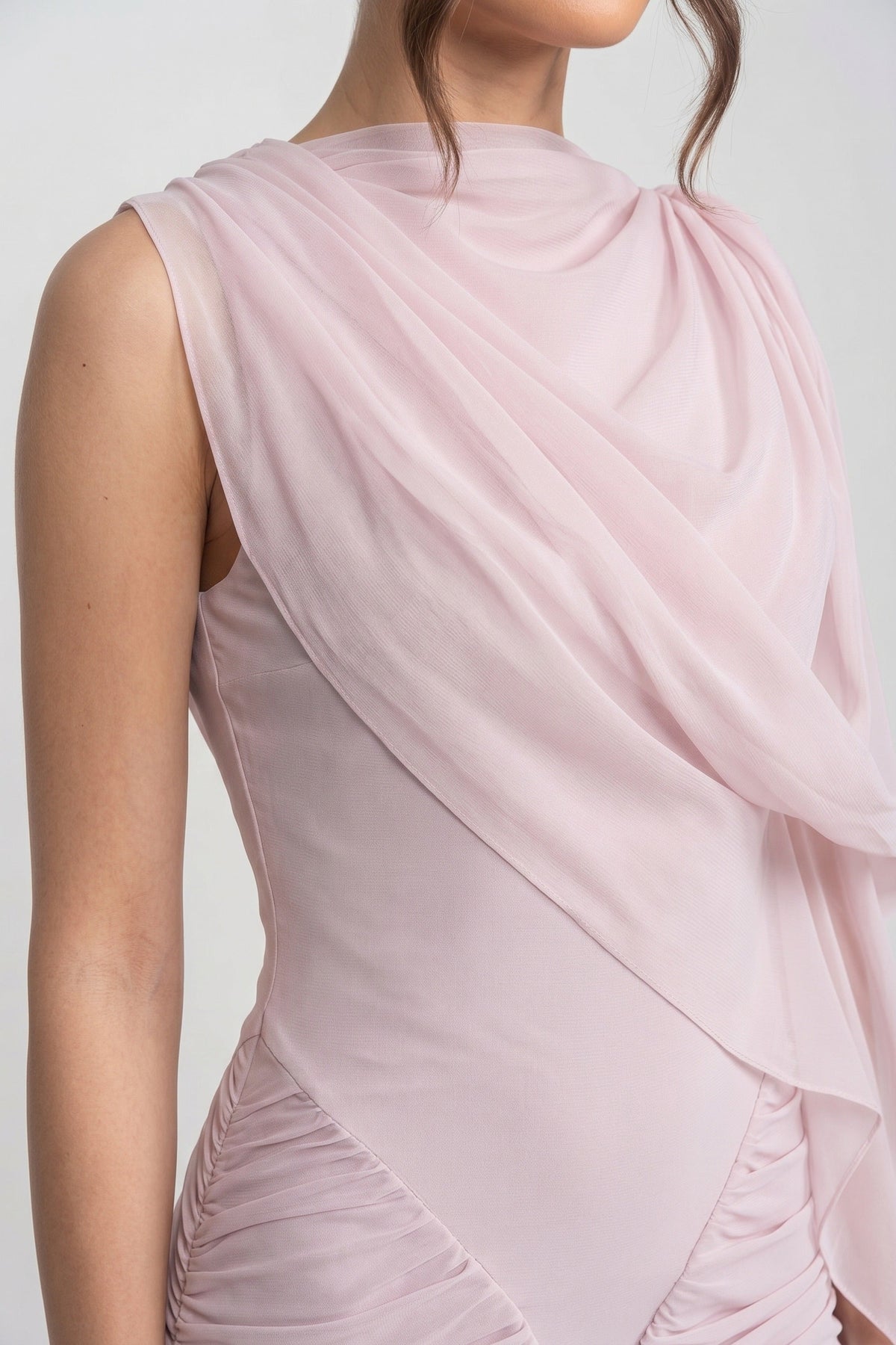 One-Shoulder Draped Maxi Dress with Sheer Scarf Detail – Pink – view 3