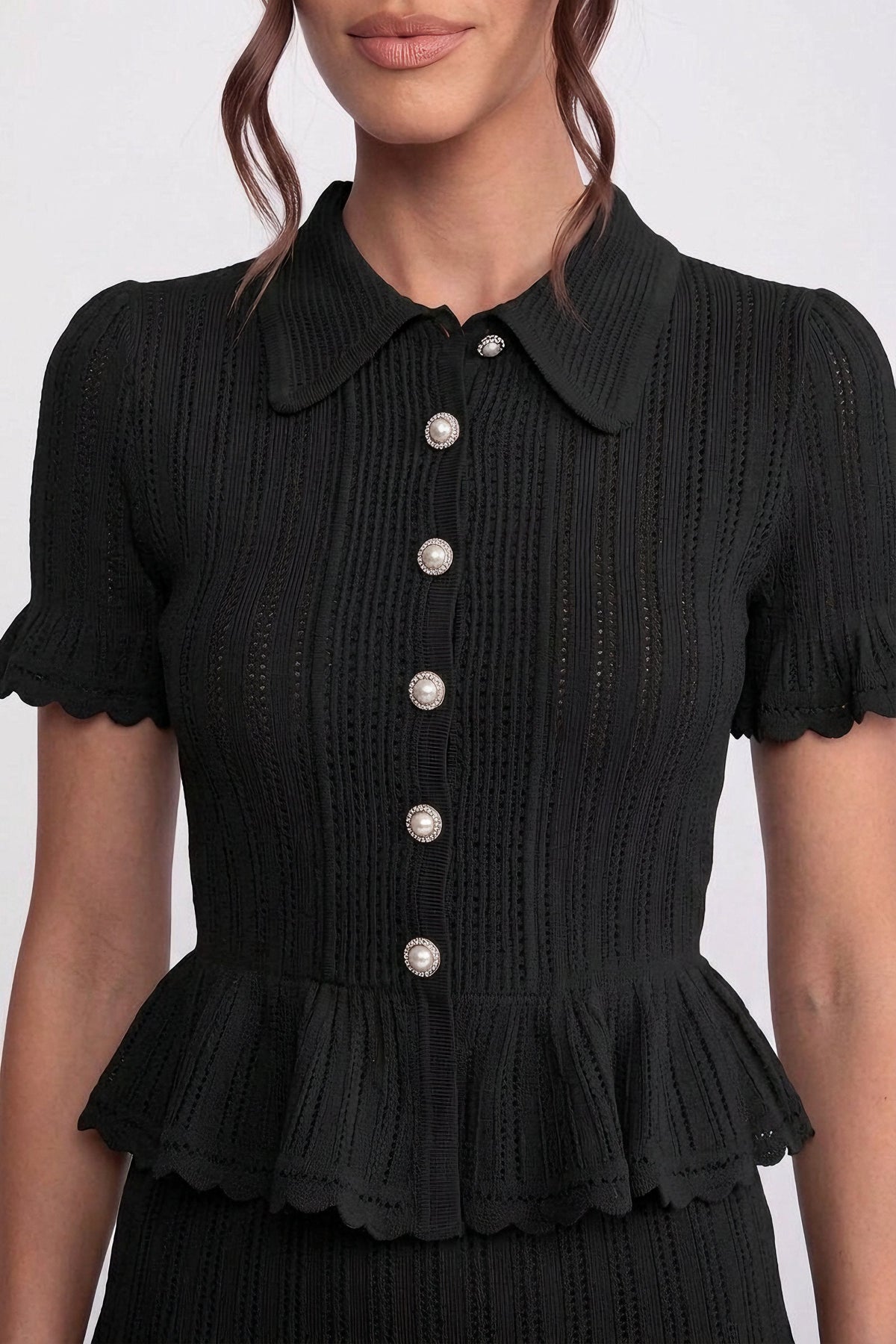 Polo Collar Ribbed Knit Peplum Top and Mini Skirt Set – Black – view 5