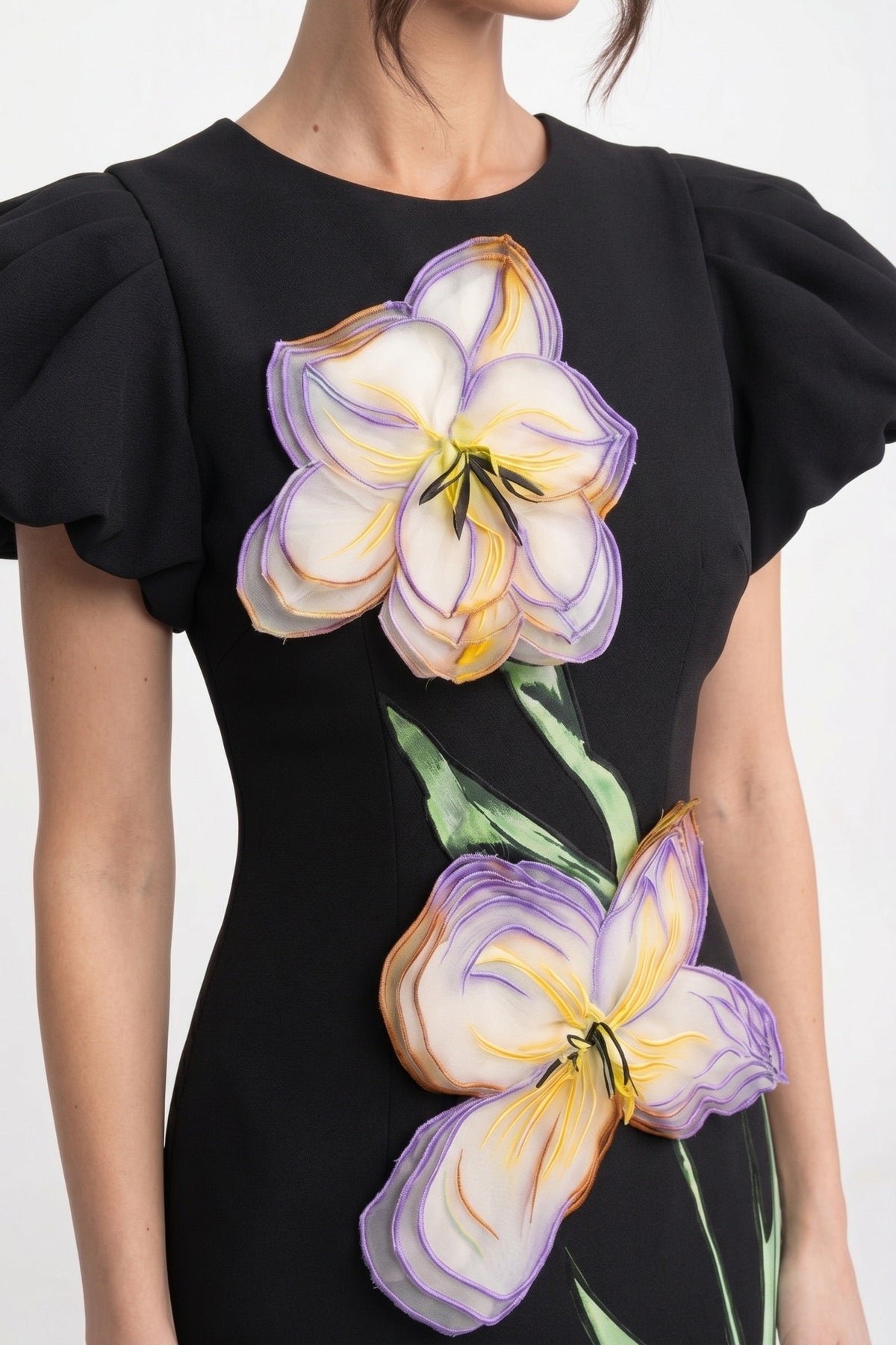 Sculptural Shoulder Column Maxi Dress with 3D Iris Appliqué – Black – view 4