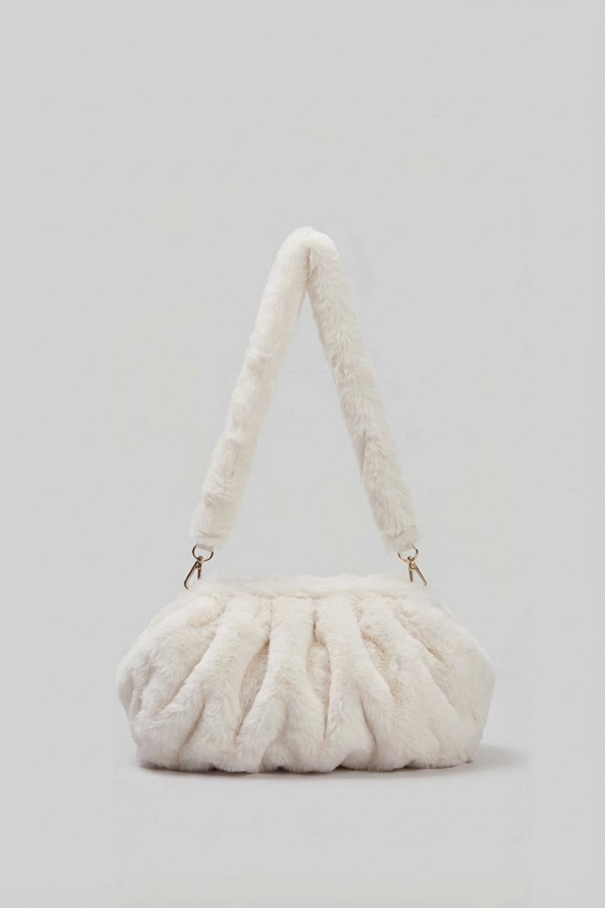 Faux Fur Ruched Pouch Shoulder Bag with Gold-Tone Hardware – White