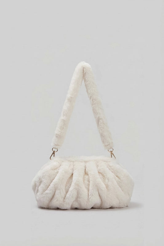 Faux Fur Ruched Pouch Shoulder Bag with Gold-Tone Hardware – White