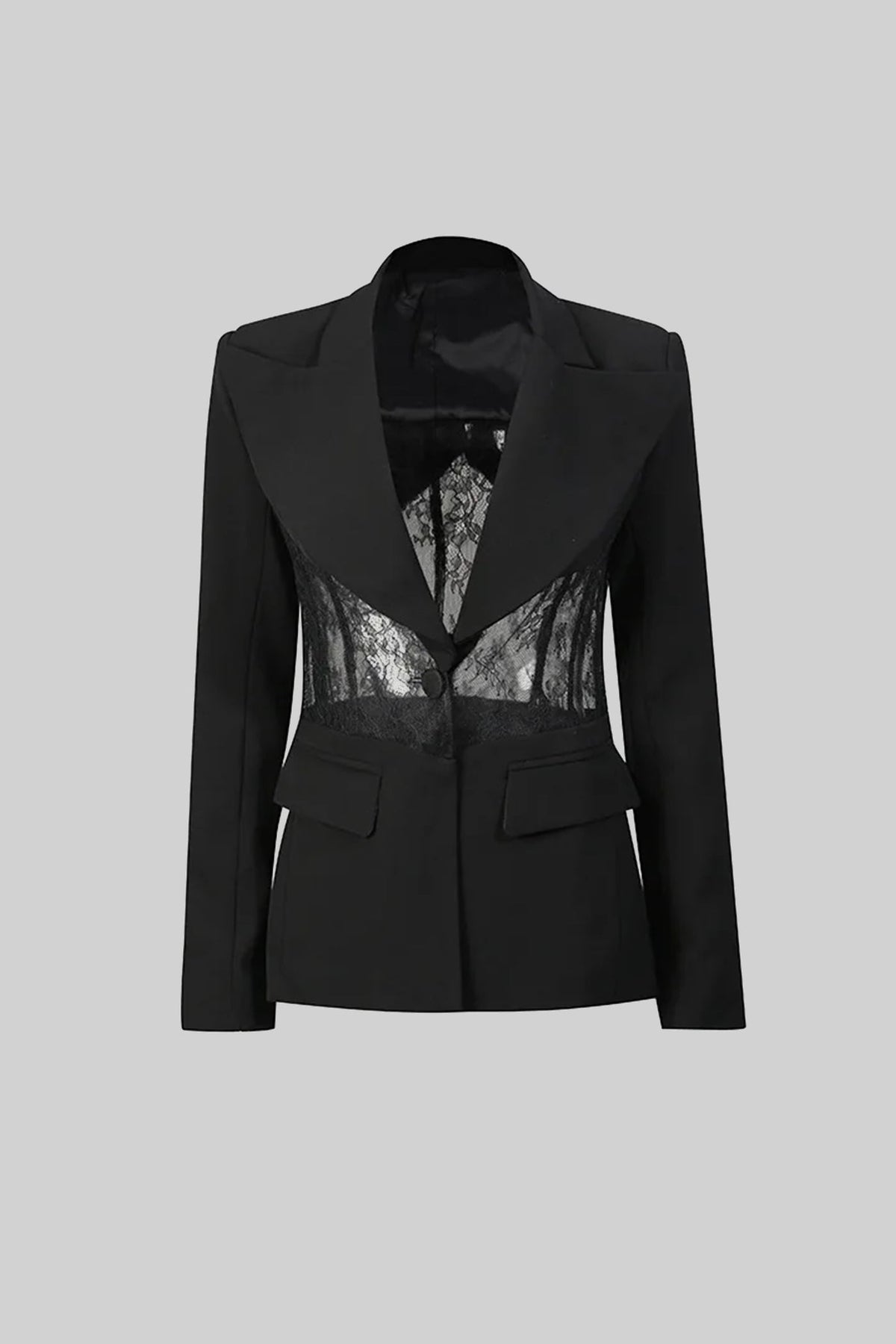 Plunge Neck Tailored Blazer with Sheer Lace Waist Panels – Black – view 2