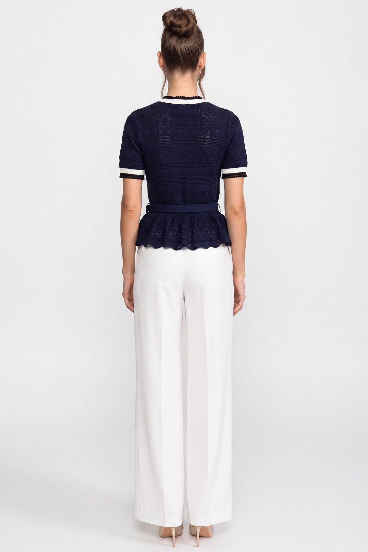 Peplum Knit Top with Contrast Sailor Collar and Pearl Buttons – Navy – view 4