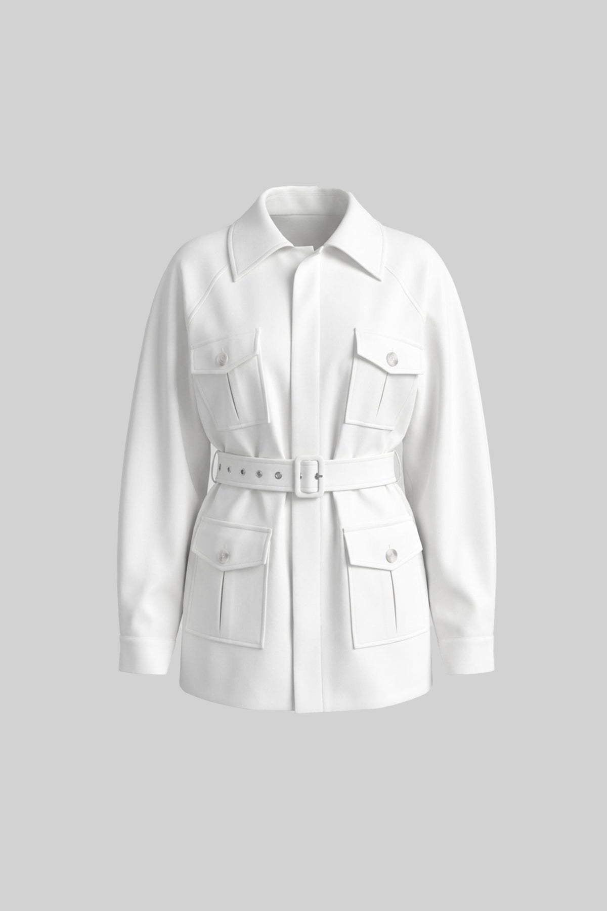 Belted Oversized Utility Jacket with Flap Patch Pockets – White