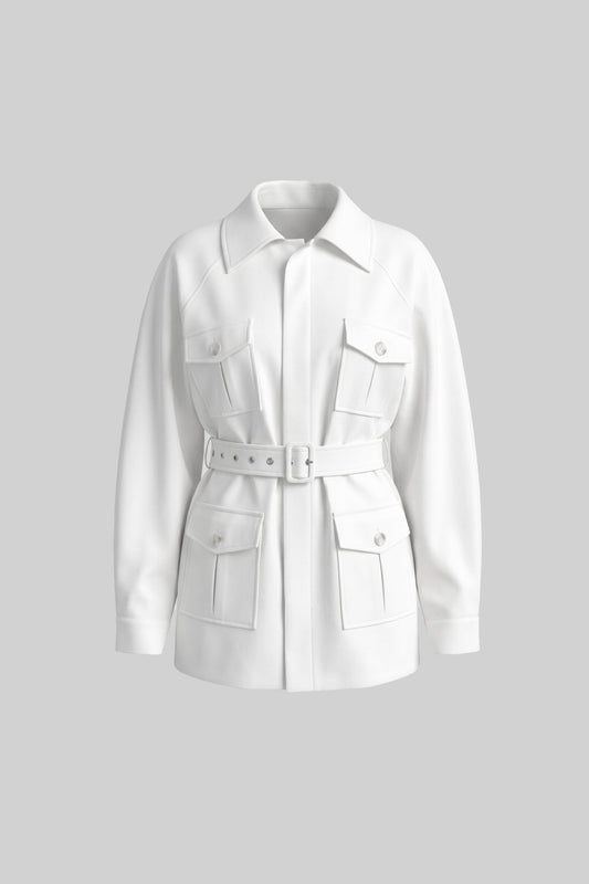 Belted Oversized Utility Jacket with Flap Patch Pockets – White