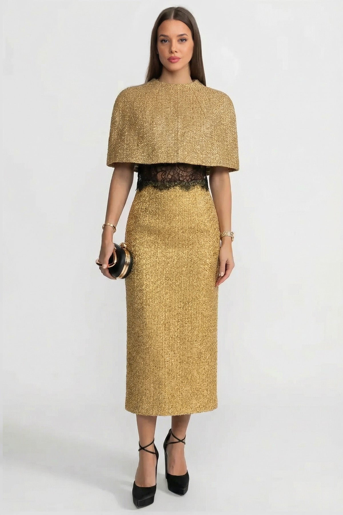 Cropped Metallic Woven Cape with Round Neck – Gold – view 1