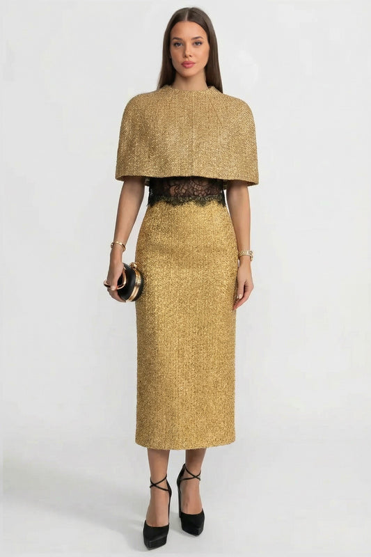 Cropped Metallic Woven Cape with Round Neck – Gold
