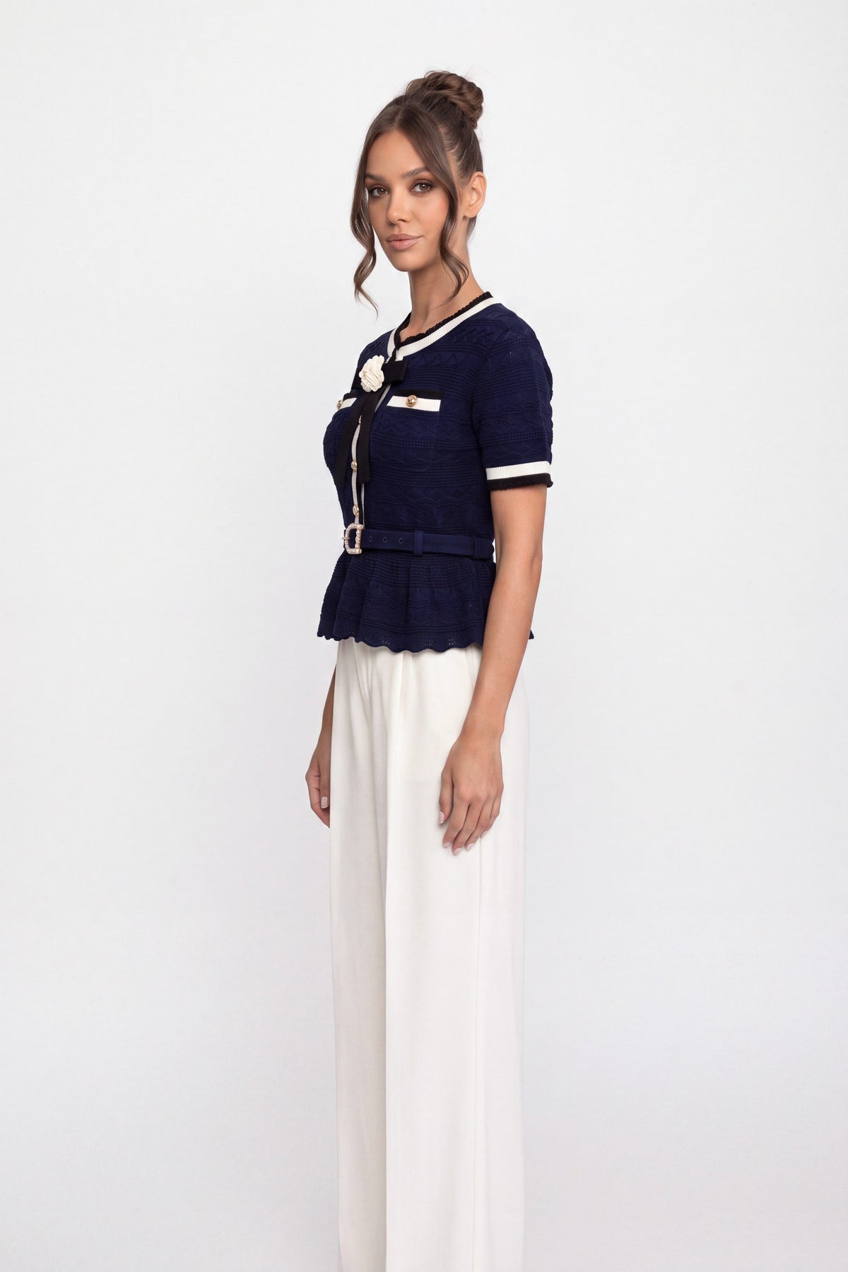 Peplum Knit Top with Contrast Sailor Collar and Pearl Buttons – Navy – view 3