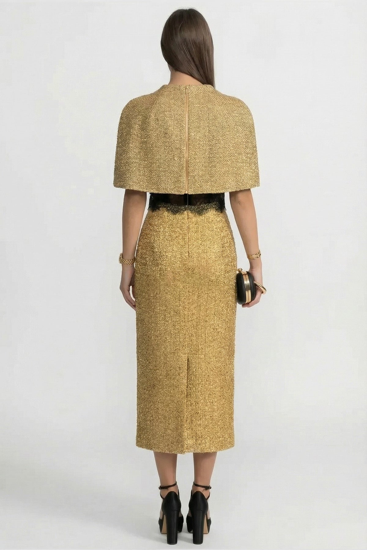 Cropped Metallic Woven Cape with Round Neck – Gold – view 3