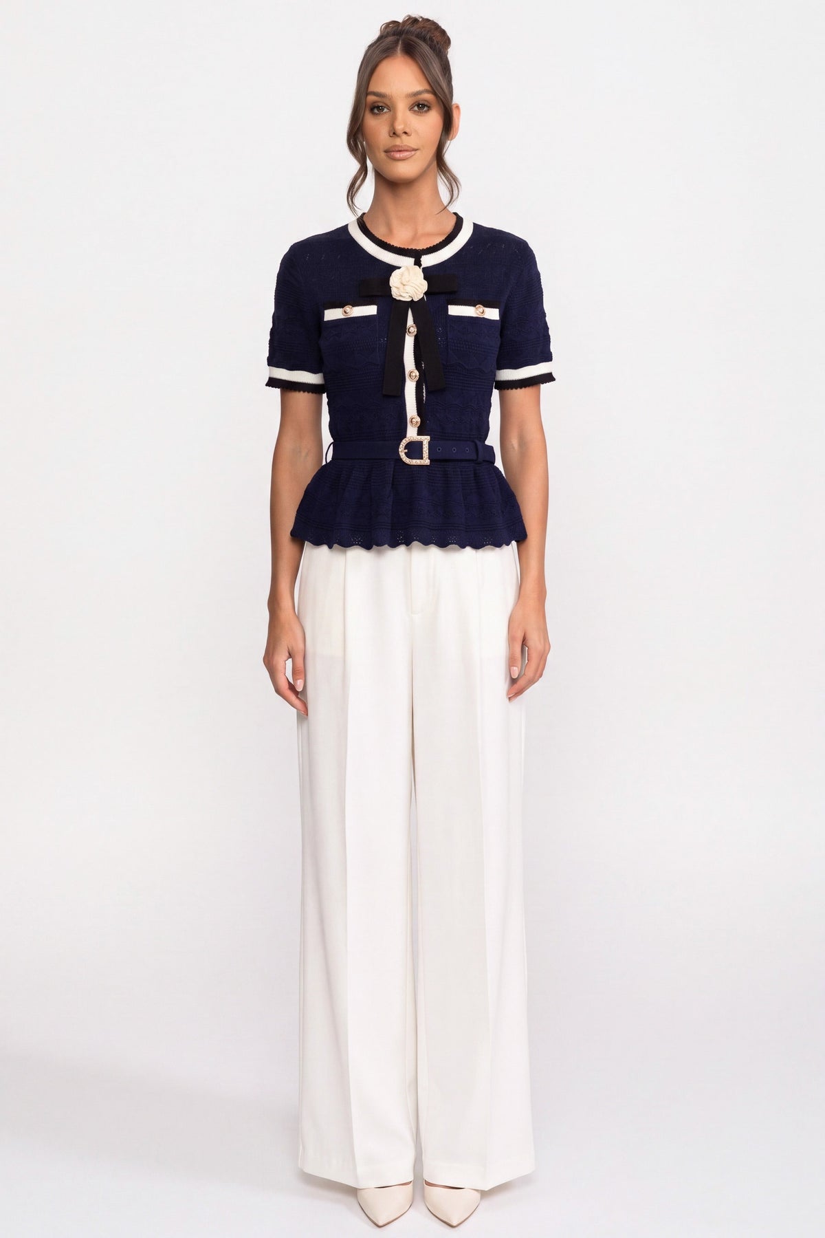 Peplum Knit Top with Contrast Sailor Collar and Pearl Buttons – Navy