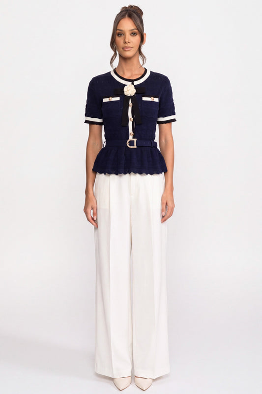 Peplum Knit Top with Contrast Sailor Collar and Pearl Buttons – Navy